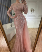 Vestido de noche árabe largo de sirena con cuentas color caramelo y sobrefalda para ocasiones formales 2025 LA71673A 