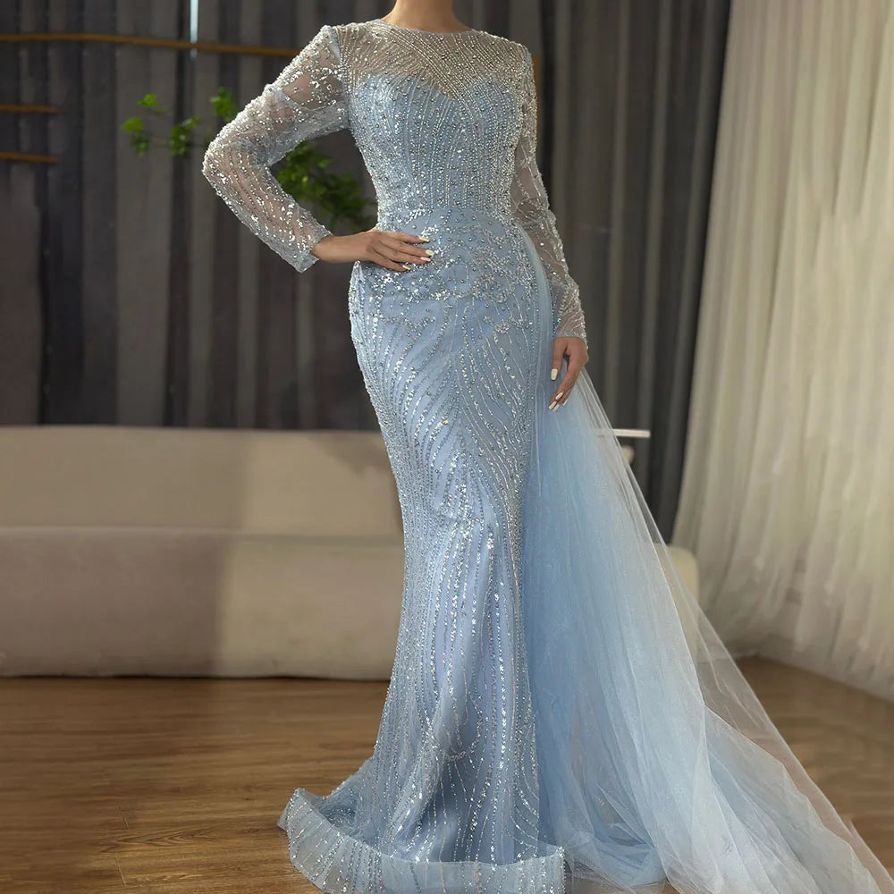 Vestido de noche árabe largo de sirena con cuentas color caramelo y sobrefalda para ocasiones formales 2025 LA71673A 