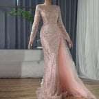 Vestido de noche árabe largo de sirena con cuentas color caramelo y sobrefalda para ocasiones formales 2025 LA71673A 