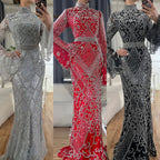 Vestido de noche musulmán de sirena roja y negra con mangas estilo capa y cuentas para ocasiones formales 2025 LA72316C 