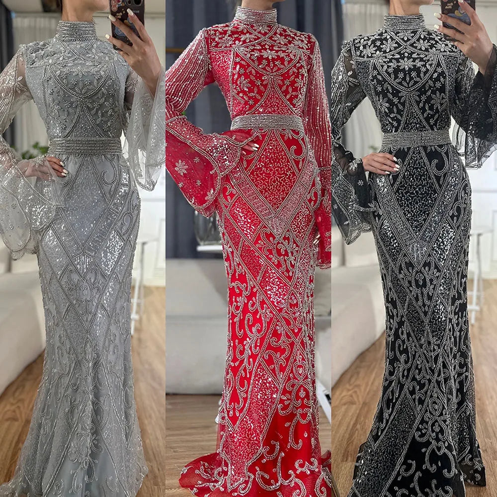 Vestido de noche musulmán de sirena roja y negra con mangas estilo capa y cuentas para ocasiones formales 2025 LA72316C 