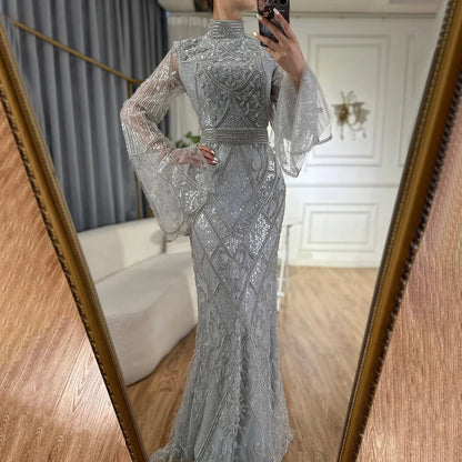 Vestido de noche musulmán de sirena roja y negra con mangas estilo capa y cuentas para ocasiones formales 2025 LA72316C 