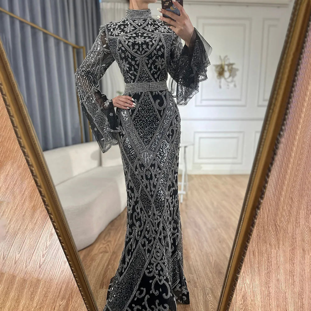 Vestido de noche musulmán de sirena roja y negra con mangas estilo capa y cuentas para ocasiones formales 2025 LA72316C 