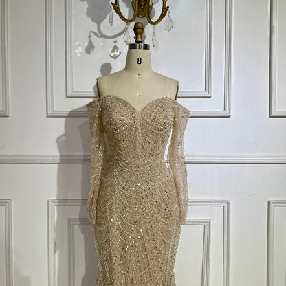 Vestido de noche árabe de sirena color piel con cuentas y falda desmontable para ocasiones formales 2025 LA72243A 