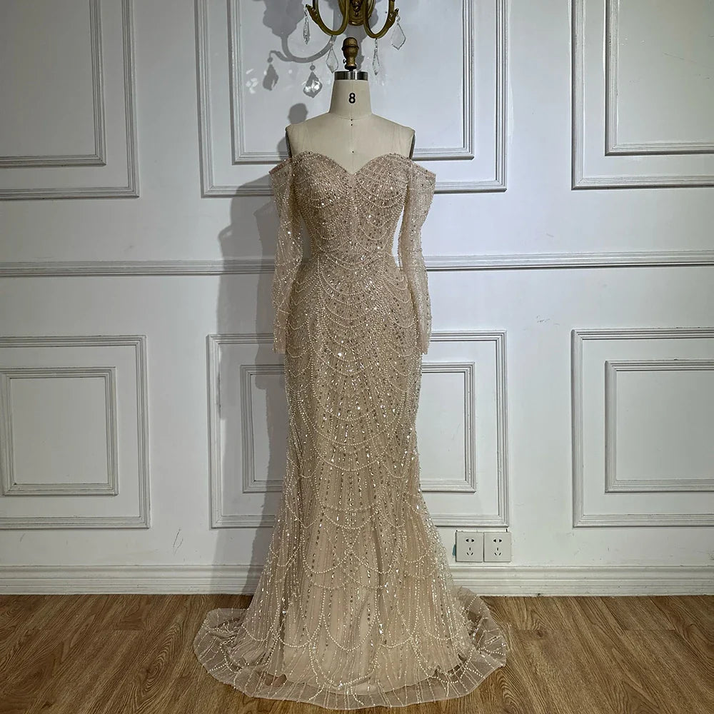 Vestido de noche árabe de sirena color piel con cuentas y falda desmontable para ocasiones formales 2025 LA72243A 