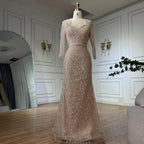 Hautfarbenes Meerjungfrauenkleid mit Spaghettiträgern und Perlenbesatz und abnehmbarer Langarmjacke für formelle Anlässe LA72160C