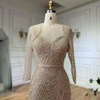 Hautfarbenes Meerjungfrauenkleid mit Spaghettiträgern und Perlenbesatz und abnehmbarer Langarmjacke für formelle Anlässe LA72160C