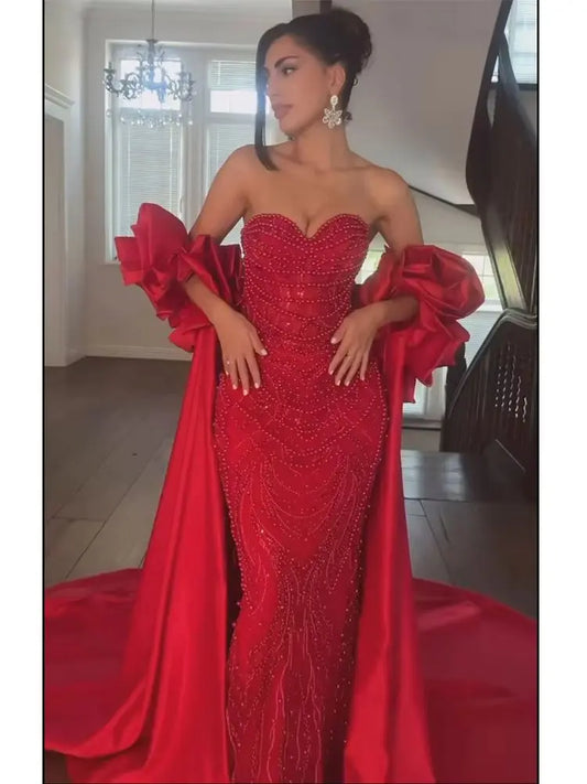 Vestido de noche largo estilo sirena con perlas y capa roja, ideal para ocasiones formales (2025, LA72585A) 