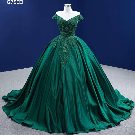 Vestido de novia verde oscuro de alta gama, sexy, con hombros descubiertos, de lujo, con encaje y cuentas, hecho a medida, HM67533, 2025 