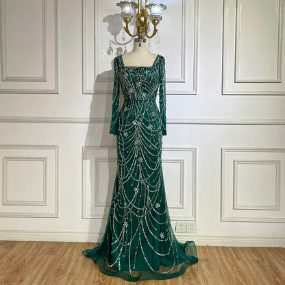 Vestido de sirena verde oscuro con cuentas de cristal, vestido de noche árabe para mujer, perfecto para bodas y fiestas 2025 LA72242 