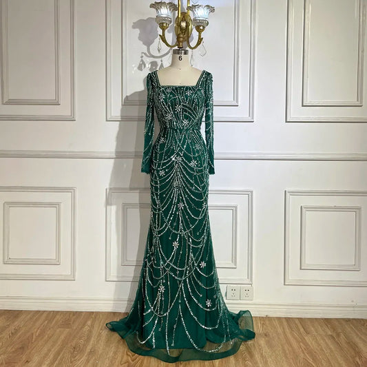 Vestido de sirena verde oscuro con cuentas de cristal, vestido de noche árabe para mujer, perfecto para bodas y fiestas 2025 LA72242 