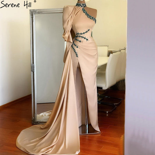 Vestido de noche de diseño de satén suave color champán, con un hombro al descubierto, corte sirena, abertura alta, para mujer, fiesta, LA70877 