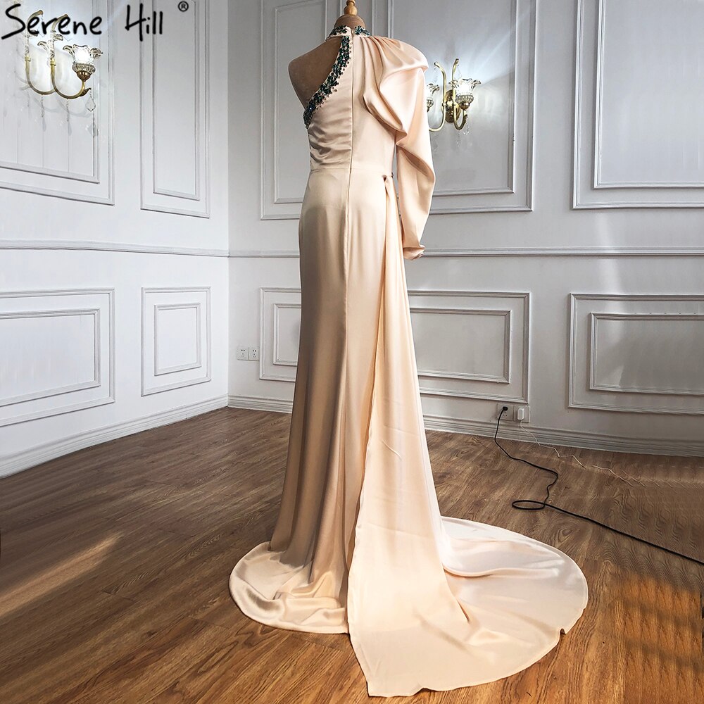 Vestido de noche de diseño de satén suave color champán, con un hombro al descubierto, corte sirena, abertura alta, para mujer, fiesta, LA70877 