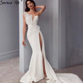 Vestidos de noche de diseñador de satén blanco con cuentas y abertura, corte sirena, elegantes y sexys, para fiestas, HM67188 