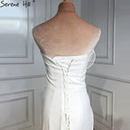 Vestidos de noche de diseñador de satén blanco con cuentas y abertura, corte sirena, elegantes y sexys, para fiestas, HM67188 