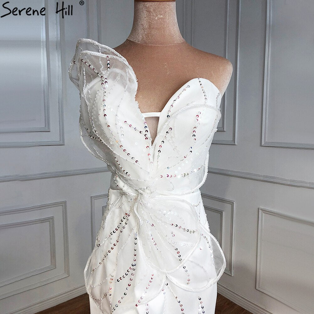 Vestidos de noche de diseñador de satén blanco con cuentas y abertura, corte sirena, elegantes y sexys, para fiestas, HM67188 
