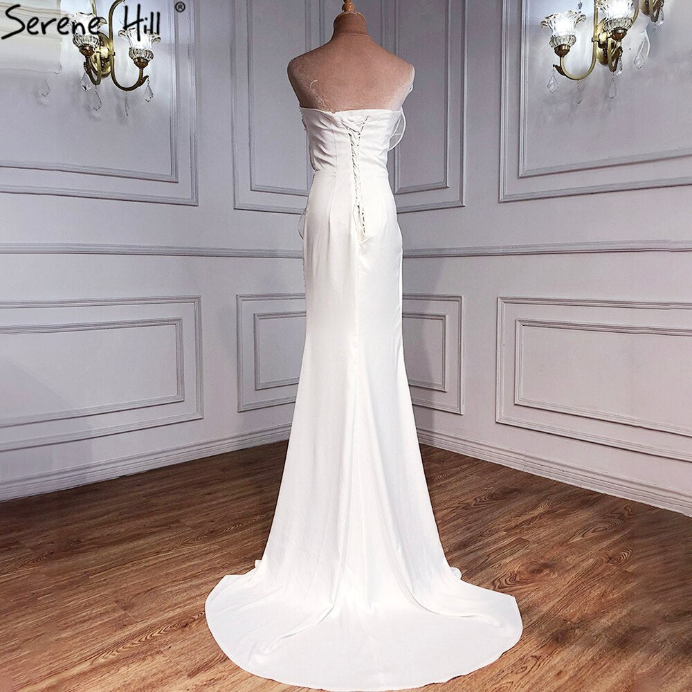 Vestidos de noche de diseñador de satén blanco con cuentas y abertura, corte sirena, elegantes y sexys, para fiestas, HM67188 