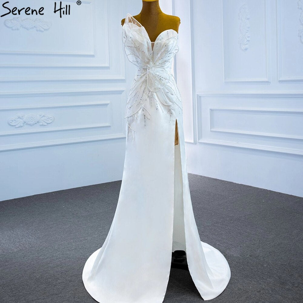 Vestidos de noche de diseñador de satén blanco con cuentas y abertura, corte sirena, elegantes y sexys, para fiestas, HM67188 