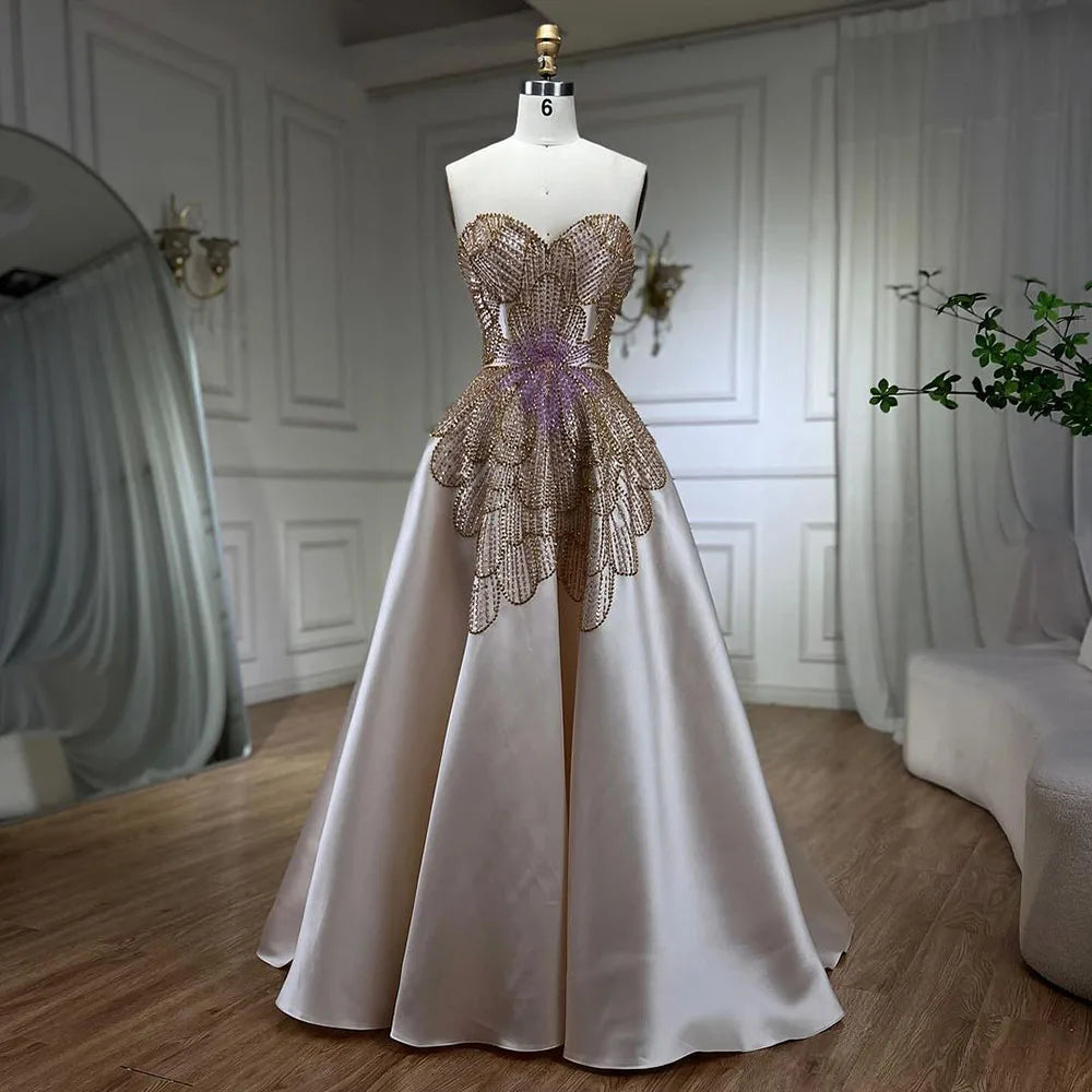 Vestidos de noche beige de lujo con cuentas y mariposas para mujer, elegantes vestidos de fiesta de graduación de satén con escote corazón LA72195