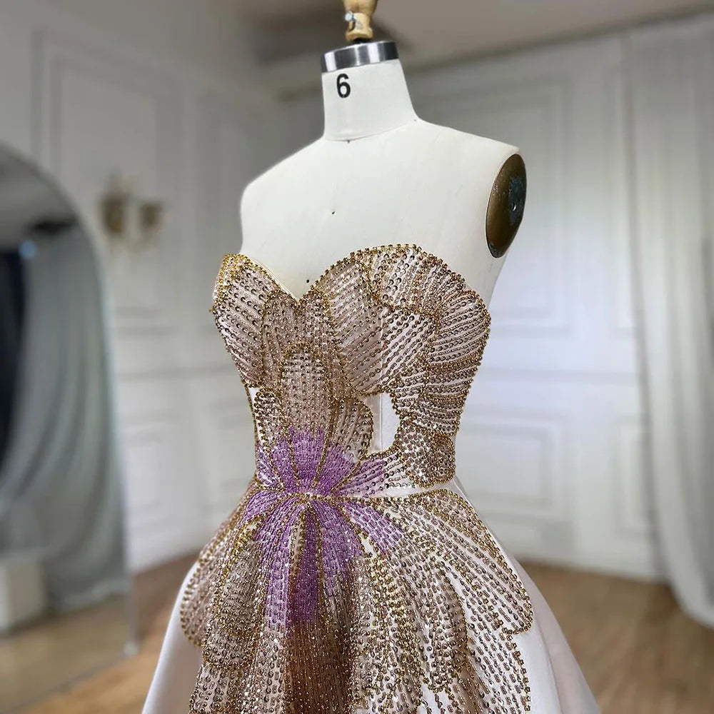 Luxus Perlen Schmetterling Beige Abendkleider für Frauen Hochzeit 2025 Elegante Schatz Satin Prom Party Kleider LA72195