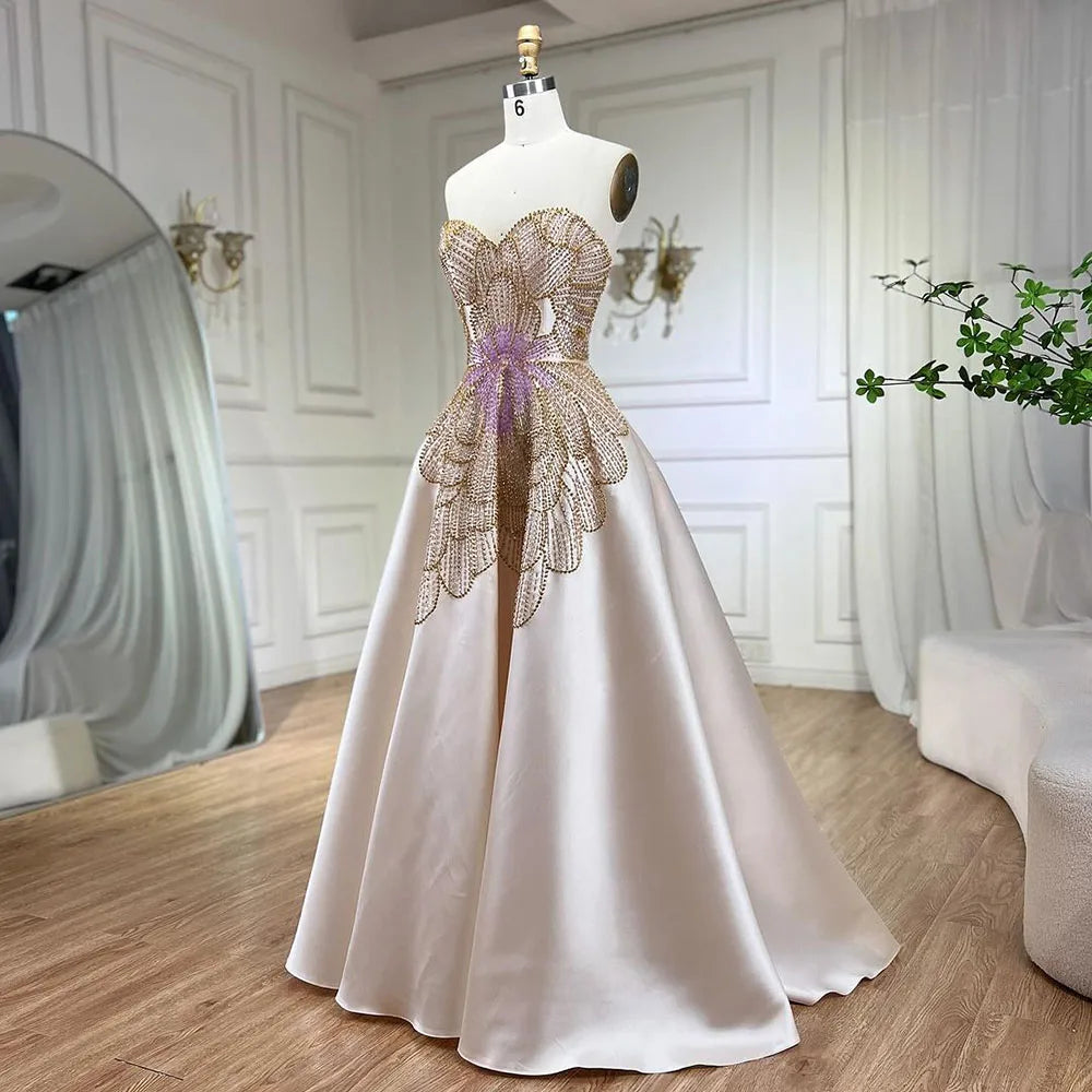 Vestidos de noche beige de lujo con cuentas y mariposas para mujer, elegantes vestidos de fiesta de graduación de satén con escote corazón LA72195