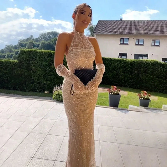 Vestidos de noche de lujo de Dubái Arabia 2025 para mujer, corte sirena color piel con guantes para bodas LA72032A 