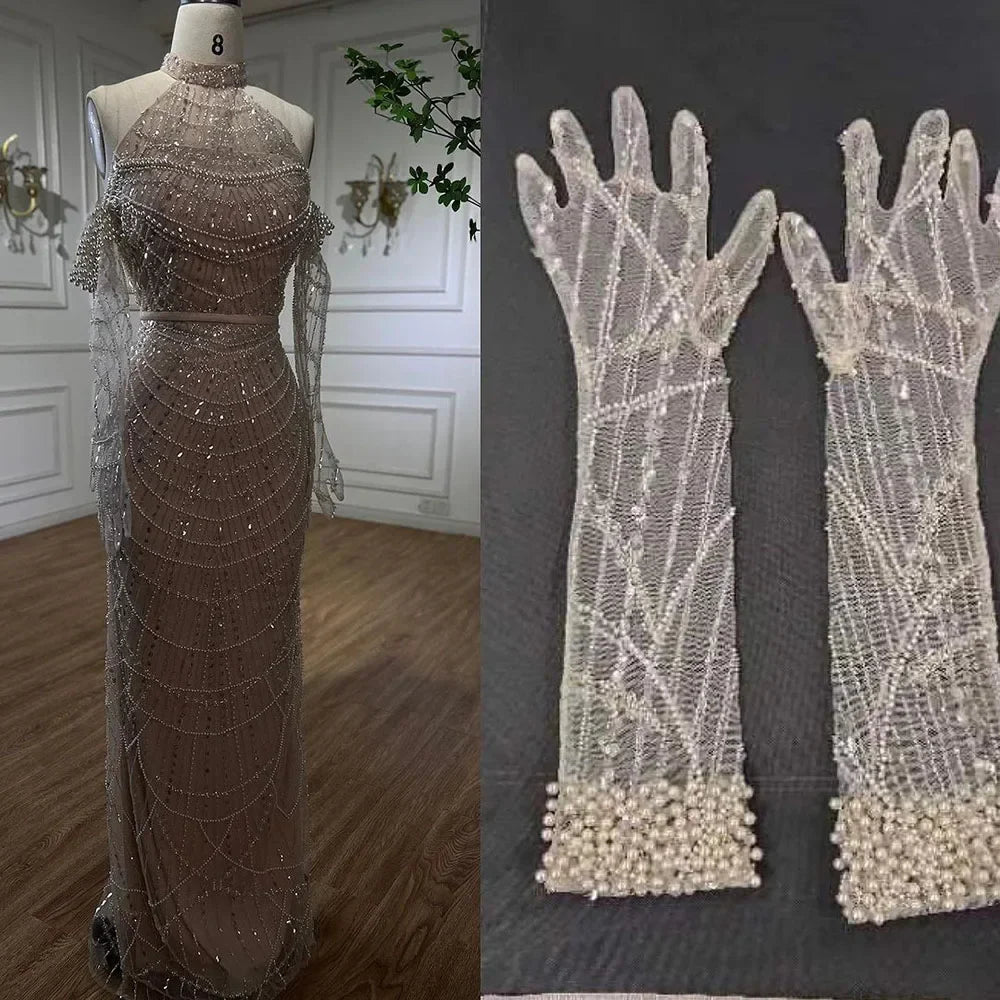 Vestidos de noche de lujo de Dubái Arabia 2025 para mujer, corte sirena color piel con guantes para bodas LA72032A 