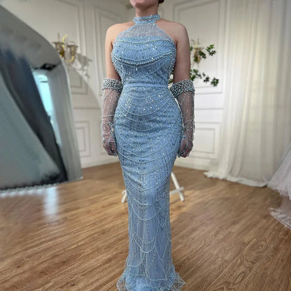 Vestidos de noche de lujo de Dubái Arabia 2025 para mujer, corte sirena color piel con guantes para bodas LA72032A 
