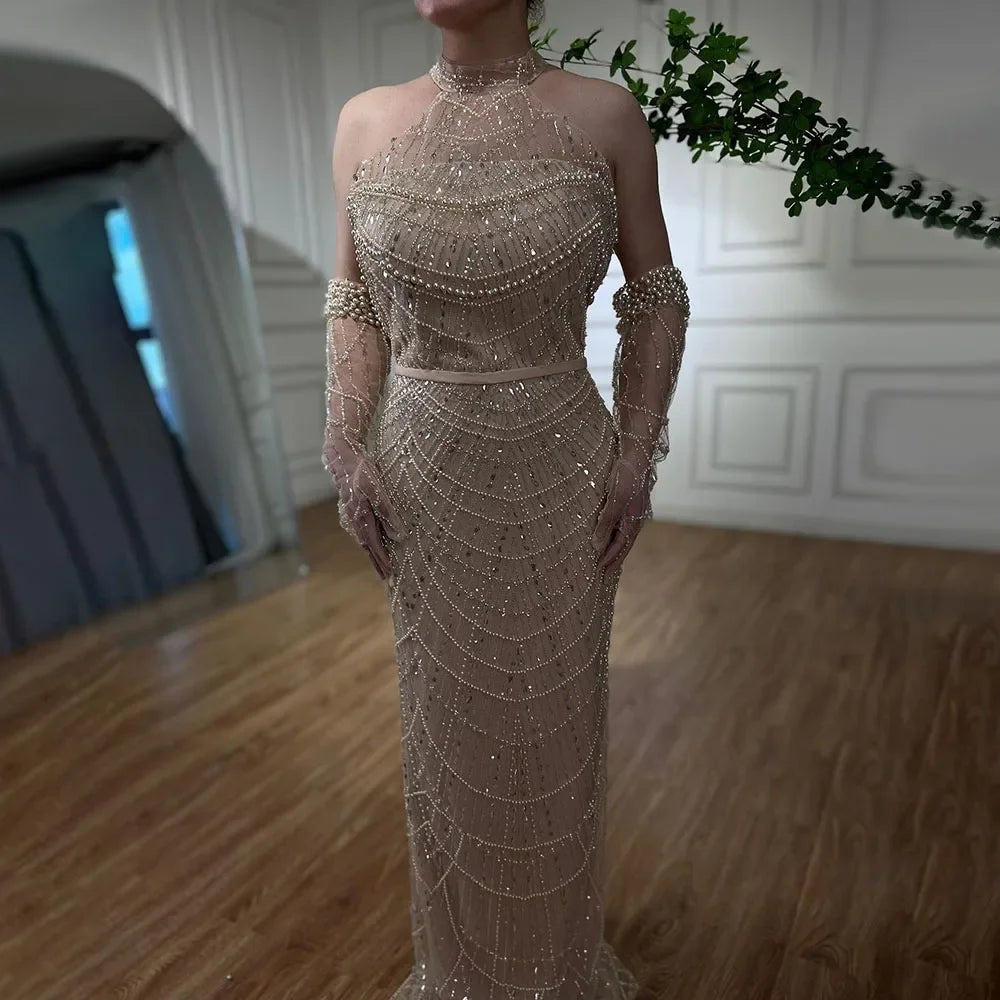 Vestidos de noche de lujo de Dubái Arabia 2025 para mujer, corte sirena color piel con guantes para bodas LA72032A 