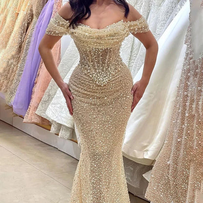 Vestidos de noche elegantes de sirena color nude de Dubái Arabia, vestidos de lujo con cuentas de perlas 2025 para mujer, fiesta de bodas LA72270 