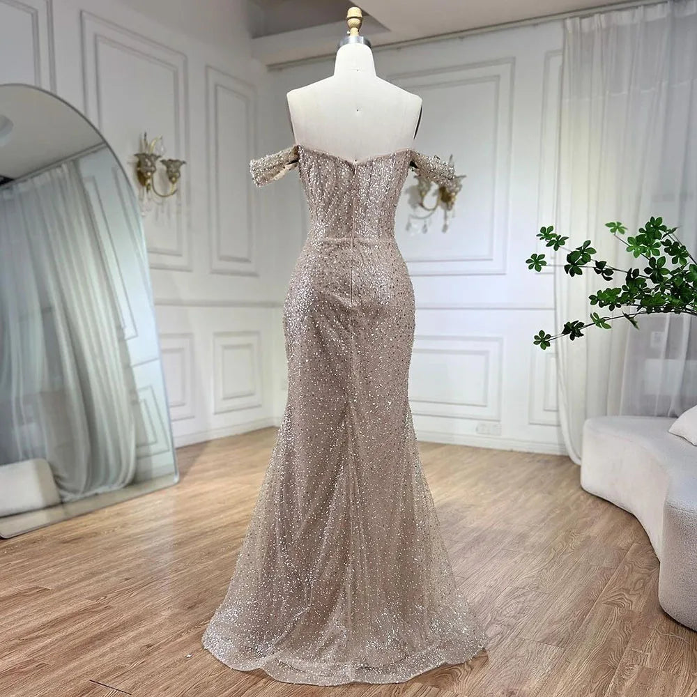 Vestidos de noche elegantes de sirena color nude de Dubái Arabia, vestidos de lujo con cuentas de perlas 2025 para mujer, fiesta de bodas LA72270 