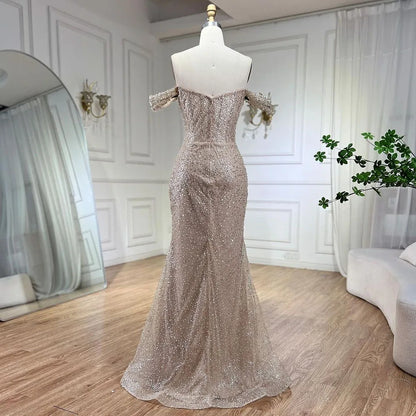 Vestidos de noche elegantes de sirena color nude de Dubái Arabia, vestidos de lujo con cuentas de perlas 2025 para mujer, fiesta de bodas LA72270 