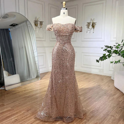 Vestidos de noche elegantes de sirena color nude de Dubái Arabia, vestidos de lujo con cuentas de perlas 2025 para mujer, fiesta de bodas LA72270 
