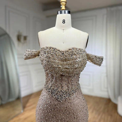 Vestidos de noche elegantes de sirena color nude de Dubái Arabia, vestidos de lujo con cuentas de perlas 2025 para mujer, fiesta de bodas LA72270 