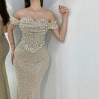 Vestidos de noche elegantes de sirena color nude de Dubái Arabia, vestidos de lujo con cuentas de perlas 2025 para mujer, fiesta de bodas LA72270 