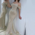 Vestidos de noche elegantes de sirena color nude de Dubái Arabia, vestidos de lujo con cuentas de perlas 2025 para mujer, fiesta de bodas LA72270 