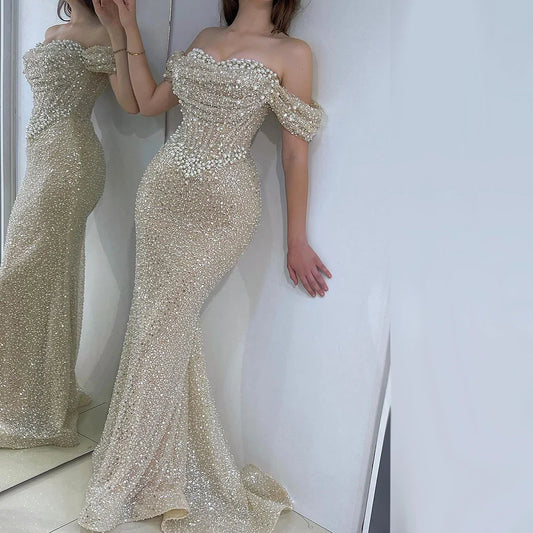 Vestidos de noche elegantes de sirena color nude de Dubái Arabia, vestidos de lujo con cuentas de perlas 2025 para mujer, fiesta de bodas LA72270 