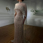 Luxury Designer Pearls Nude Evening Dresses  Gowns with Cape LA72032
