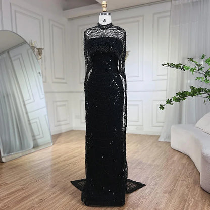 Luxus Designer Perlen Nude Abendkleider Kleider mit Cape LA72032