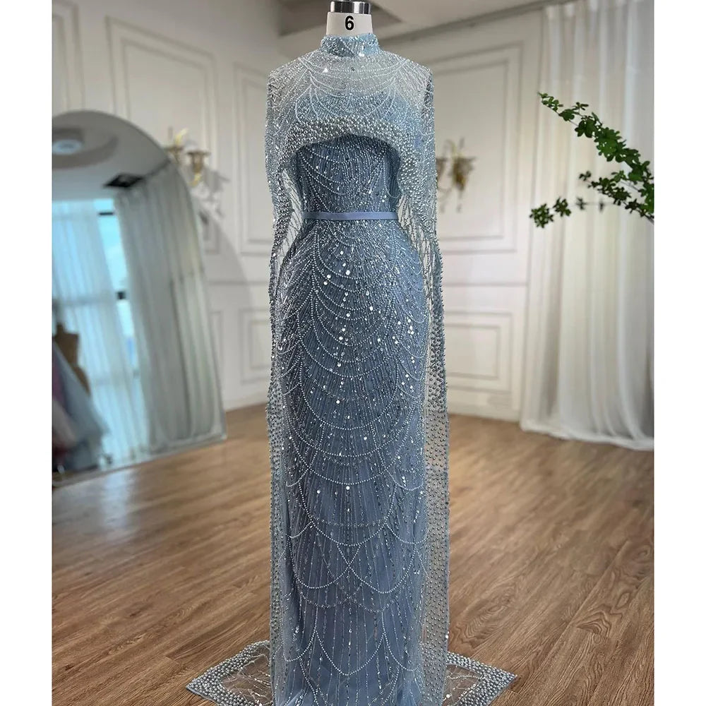 Luxury Designer Pearls Nude Evening Dresses  Gowns with Cape LA72032