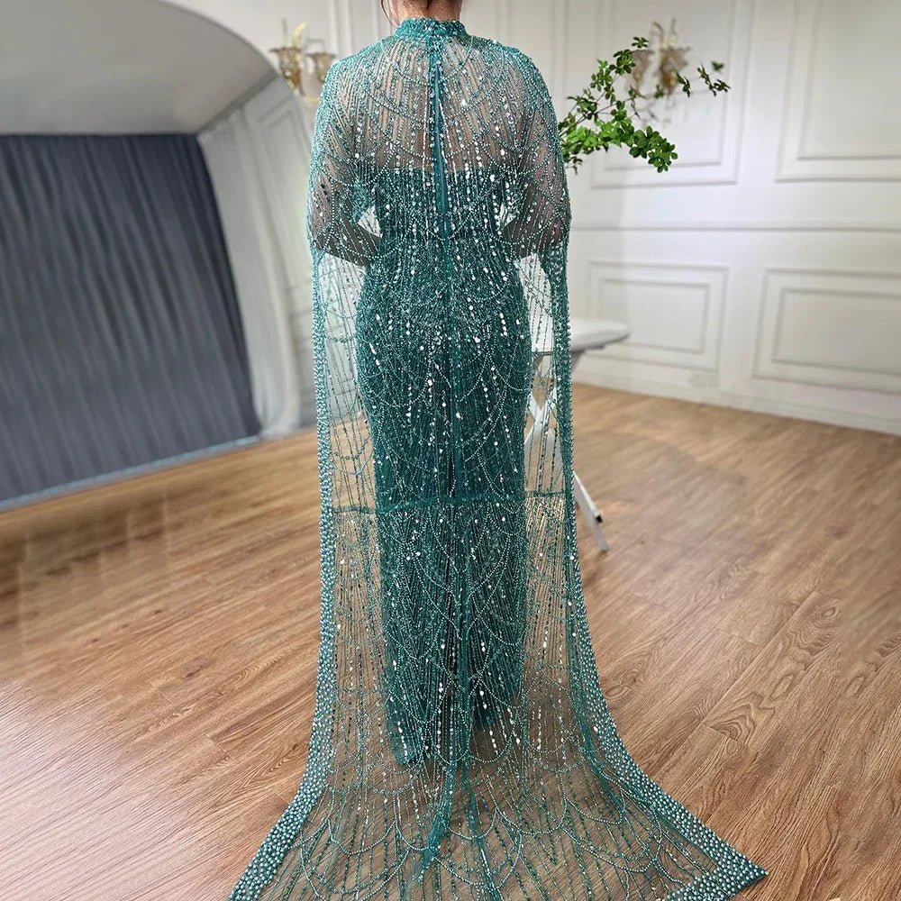 Luxury Designer Pearls Nude Evening Dresses  Gowns with Cape LA72032