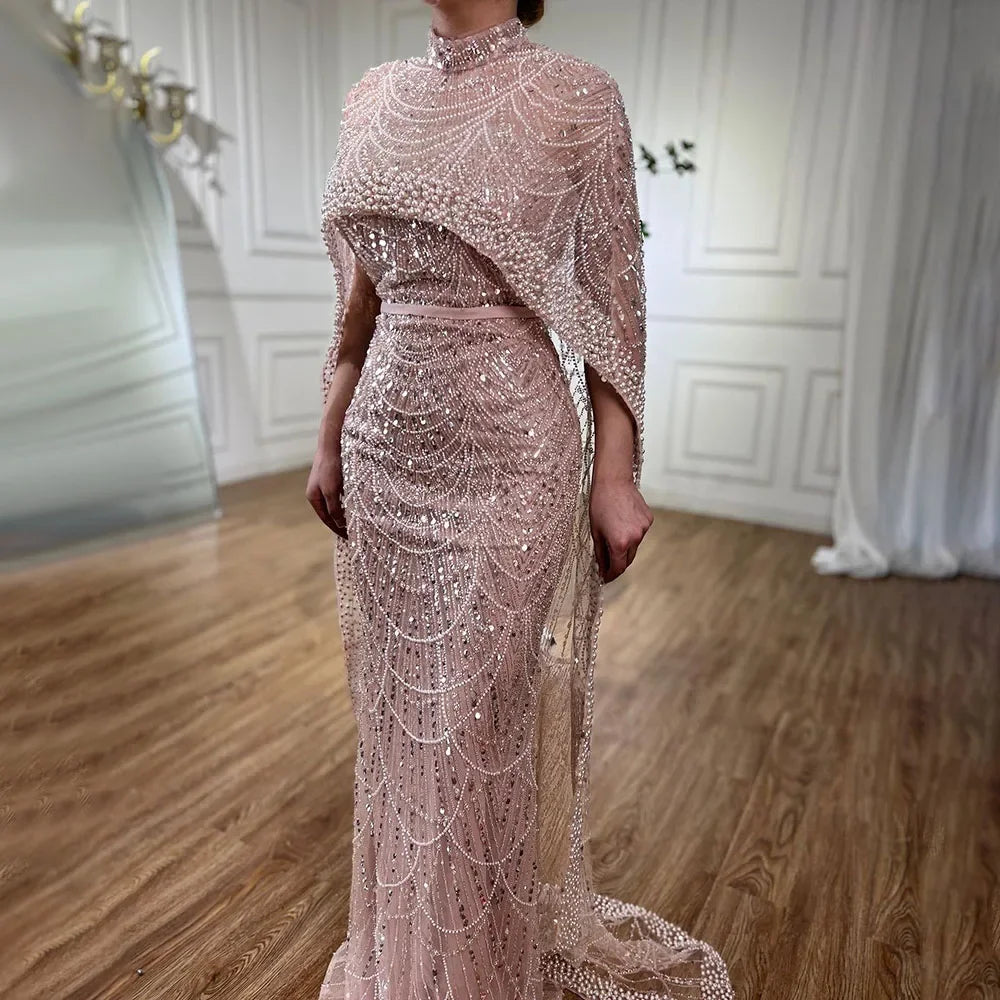 Luxury Designer Pearls Nude Evening Dresses  Gowns with Cape LA72032