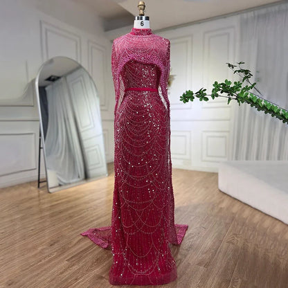 Luxus Designer Perlen Nude Abendkleider Kleider mit Cape LA72032