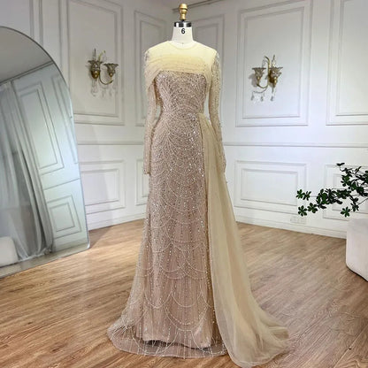 Vestidos de noche de lujo estilo sirena con sobrefalda color nude de Dubái Arabia, 2025, para mujer, para boda, fiesta, LA72254A 