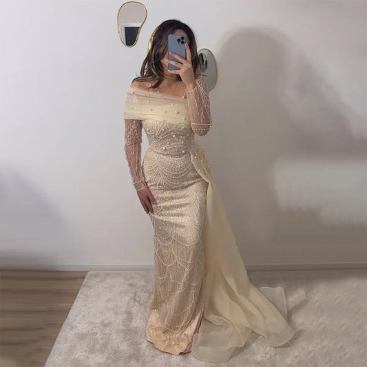 Vestidos de noche de lujo estilo sirena con sobrefalda color nude de Dubái Arabia, 2025, para mujer, para boda, fiesta, LA72254A 