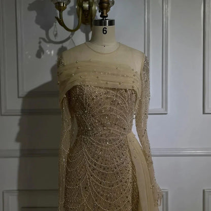Vestidos de noche de lujo estilo sirena con sobrefalda color nude de Dubái Arabia, 2025, para mujer, para boda, fiesta, LA72254A 