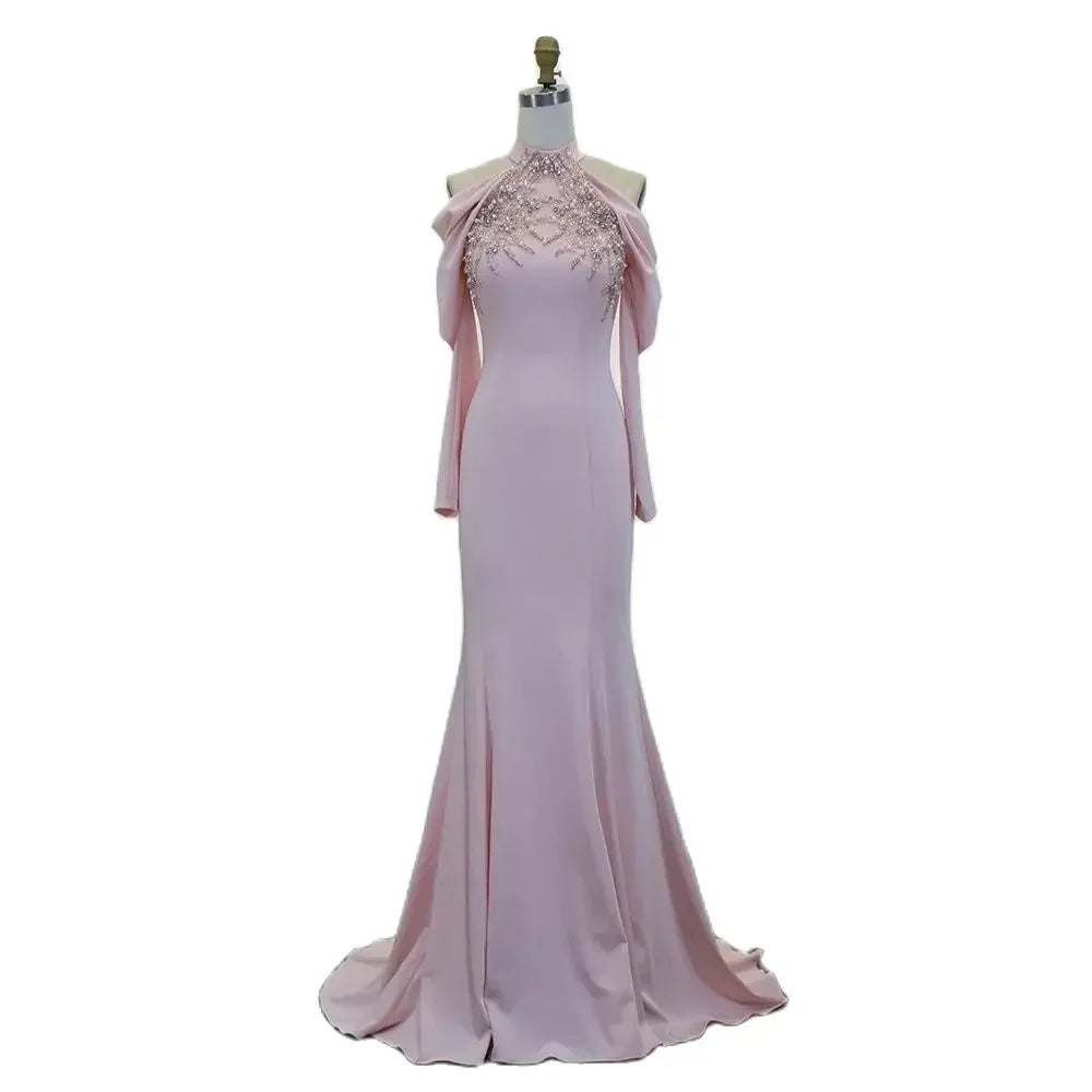 Vestidos de noche elegantes de satén sirena con cuentas y cuentas en color rosa de Dubái Arabia, para mujer, para bodas y fiestas, LA72275 