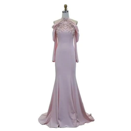 Vestidos de noche elegantes de satén sirena con cuentas y cuentas en color rosa de Dubái Arabia, para mujer, para bodas y fiestas, LA72275 