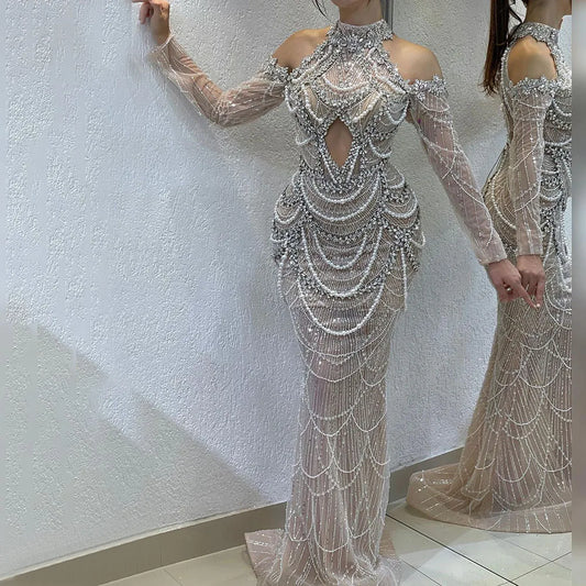 Vestidos de noche árabes de lujo de Dubái 2025 para mujer, vestido color piel con abertura frontal para bodas y fiestas LA72607 