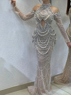Vestidos de noche árabes de lujo de Dubái 2025 para mujer, vestido color piel con abertura frontal para bodas y fiestas LA72607 